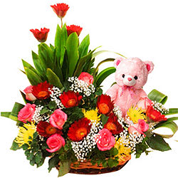 Passionate Unbreakable Love Floral Basket with Sweet Teddy