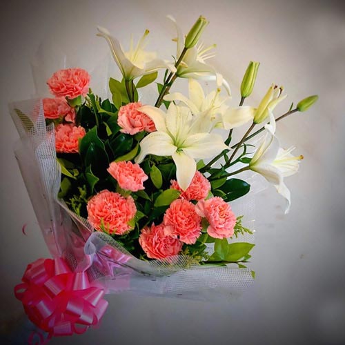 Wonderful Bouquet of White Lilies N Pink Carnations