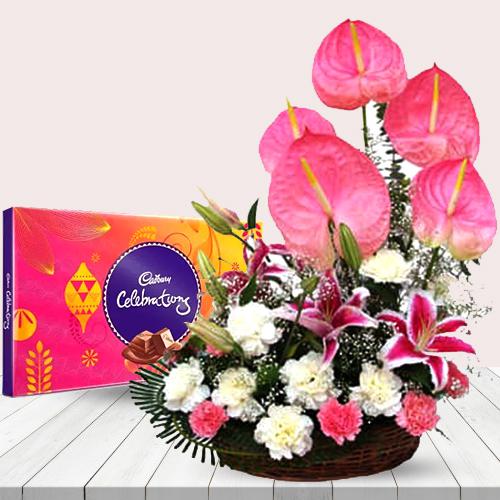 Exclusive White N Pink Flowers Arrangement with Chocolates