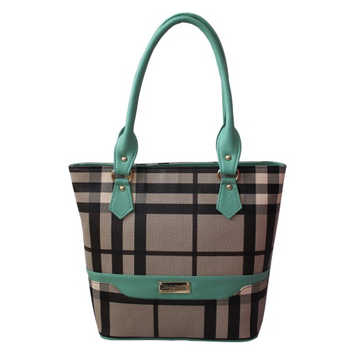 Multicolor Checkered Ladies Bag with Sea Green Handle