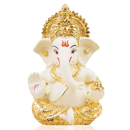 Exquisite Gold and Off White Ceramic Ganesha Idol