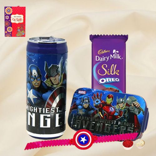 Dashing Captain America Rakhi Chocolate Marvel Lunch Box N Sipper Bottle