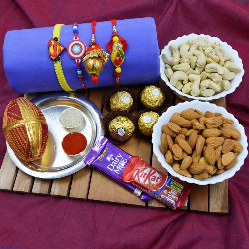 Fancy Family Rakhi Set with Puja Thali Dry Fruits n Chocolates