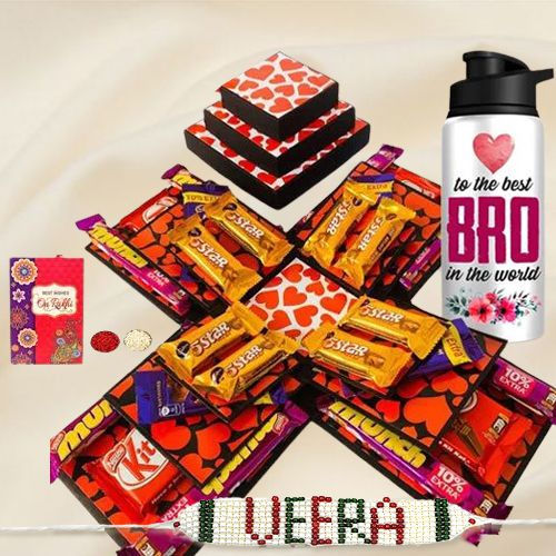 Trendy 3 Layer Chocolate Explosion Box N Personalized Bro Sipper with Veera Rakhi