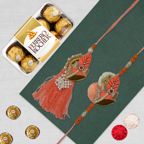 Decorative Peach Coloured Zardosi Pair Rakhi with Ferrero Rocher