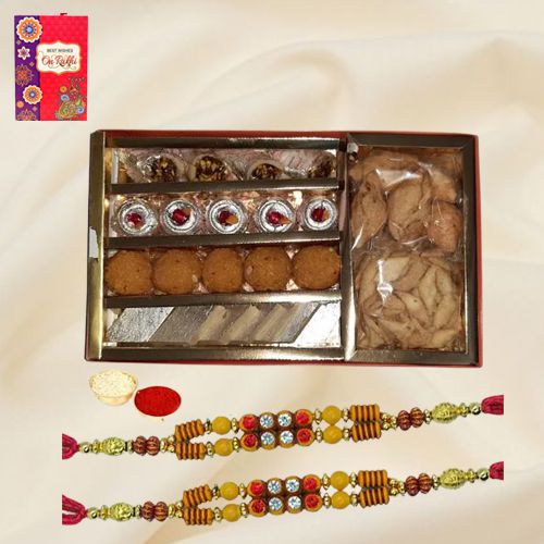 Assorted Sweets n Snacks Pack from Bhikaram Chandmal with 2 Rakhi