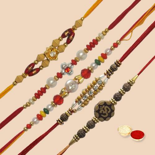 Beautifying 5 Pc. Rakhi Set with free Roli Tilak and Chawal for your Precious Brother on the Occasion of Rakhi