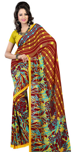 Impressive Georgette Printed Saree in Brown and Mustard Colours